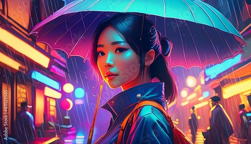 Portrait einer jungen asiatischen Frau mit Regenschirm bei nächtlichem Regen und Neonlichtern in einer asiatischen Stadt.