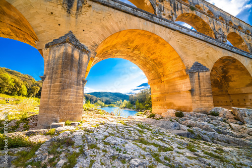 The Pont du Gard ancient Roman aqueduct bridge arches view