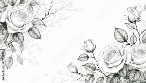 Gałązki róż na białym tle. Rysunek szkic. Zaproszenie, tło