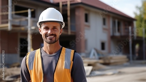 portrait of a smiling Caucasian builder worker in a hard hat and construction overalls looking at the camera while at a construction site