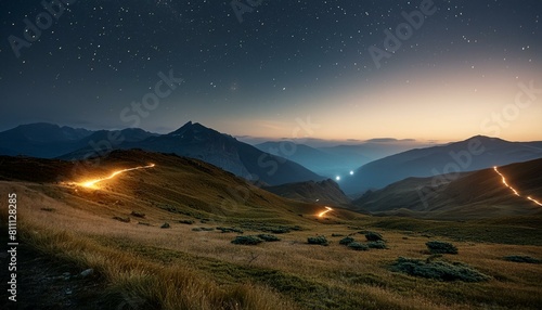 Photographie de campagne de nuit éclairée longue exposition, paysage vide, prise de vue cinématographique