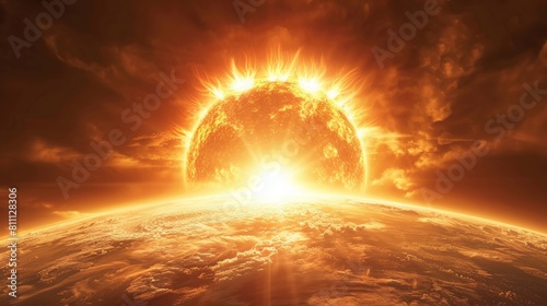 A bright orange sun is rising over a planet