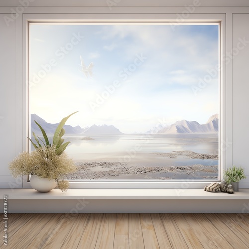 The view from the window is a peaceful landscape with mountains and a lake.