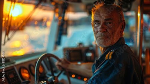 Senior ship captain piloting a vessel at sunset with navigational equipment