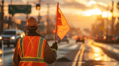 A flagger wearing a hard hat and reflective vest stands in the middle of a busy road, waving a red flag to stop traffic.
