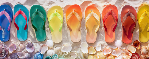 flip-flops are arranged in a vibrant rainbow spectrum against a backdrop of pristine white sand strewn with shells. Perfect for any nautical theme or product presentation.