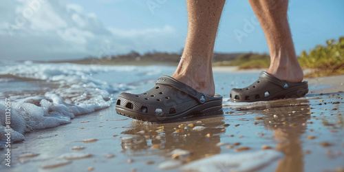 crocs shod the feet of a man on the beach walking in the surf