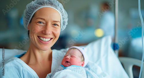 Concept of a woman having a baby at a mature age. A mature woman holding her newborn baby after birth in a hospital bed.