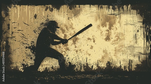 Crime, aggression, damage, theft, robbery. Vector. Silhouette. Black and white drawing. A baseball bat breaks a window.