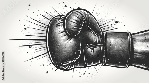Isolated on white background, outline illustration of boxing glove. A glove that is sporting. Minimalist design. Black and white. Icon, logo, sign, pictogram, print. Sports equipment, powerful punch.