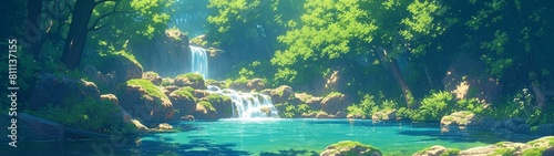 滝のせせらぎが静かに響き渡り、透明なプールに落ちる様子を水彩スタイルで描かれた背景。