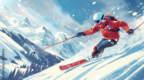Skier carving snowy slope mountain range background