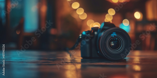 A professional camera lens placed on a vintage wooden surface, set against a backdrop of soft, enchanting bokeh lights in the darkness