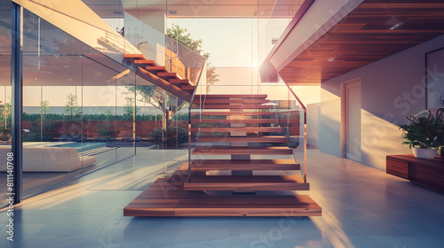 Architecturally stunning staircase with wooden treads and glass sides enhancing the luxury aesthetic of a modern home