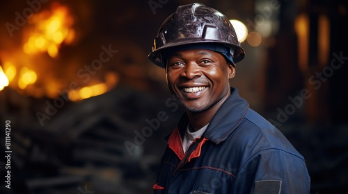 portrait of a smiling afro american steel mill worker in a hard hat and uniform looking at the camera against the backdrop of a hot metal sink