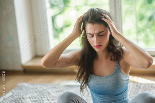 Young Woman sitting on the floor Suffering low blood sugar levels while doing exercise at home. Hypoglycemia concept