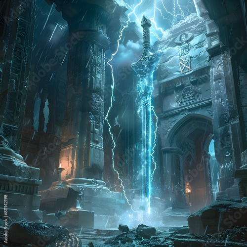 Mythical Blade of Elemental Chaos Resting in Mysterious Ancient Temple