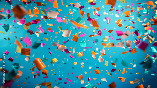 Colorful confetti toss on a bright cobalt blue background, mirroring a vivid celebration in high resolution.