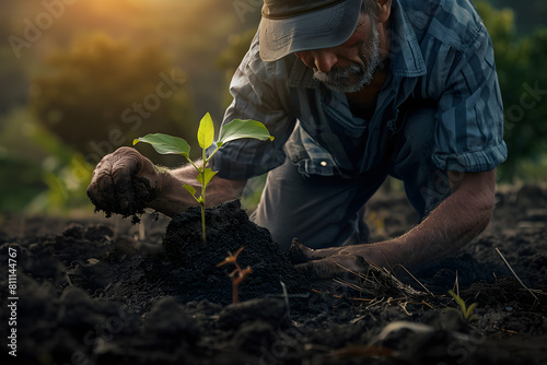 A male farmer plants a seedling in the dirt of farm field.