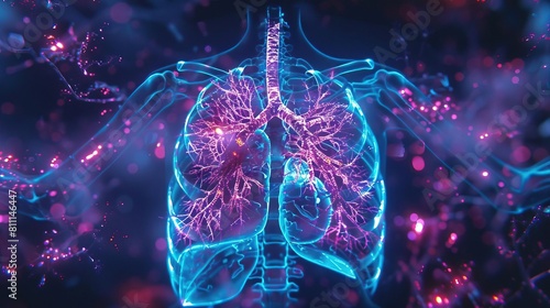 A chest Xray visualization in a cyberpunk style, showing a healthy males lung, heart, spine, and clavicle, enhanced with vibrant, hightech digital effects for a dystopian aesthetic