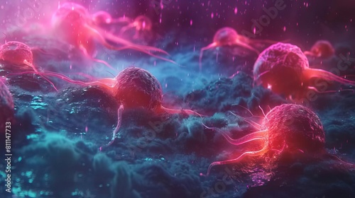 A conceptual image of a hightech medical examination of cancer cells, with micro to macro scaling, accentuated by dynamic neon lighting for dramatic effect