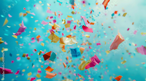 Festive confetti scattering across a cool ice blue backdrop, captured with pristine clarity and a joyous vibe.
