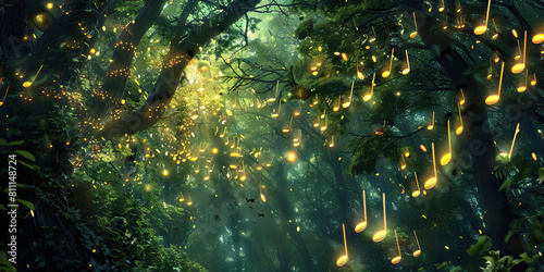 Enchanted Forest Melodies: Music Notes Integrated into the Branches and Leaves of a Magical Forest.