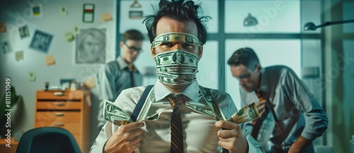 The image satirically depicts a businessman blinded by money, criticizing modern society's blind pursuit of wealth through a dramatic and ironic visual 2.