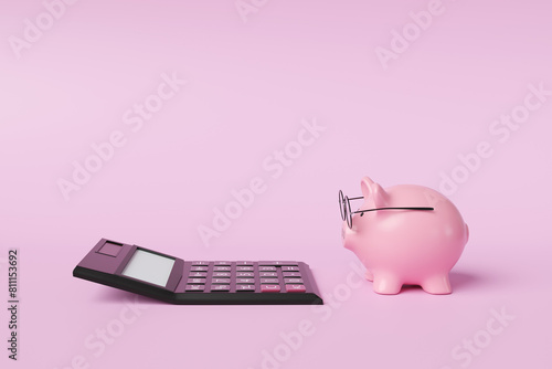 Pink piggy bank wearing spectacles in front of a black calculator on pink background. Illustration of the concept of commercial accounting, income calculation and retirement planning