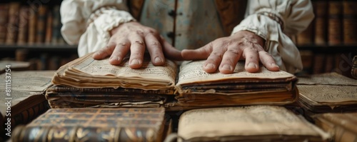 Image of a library archivist handling ancient manuscripts with flourishing margins, carefully preserving them