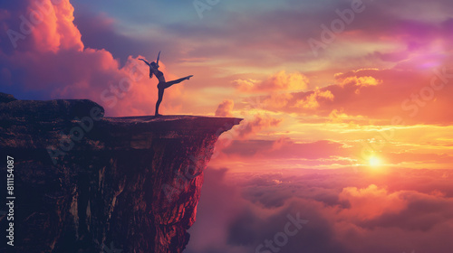 A breathtaking silhouette of a person executing the dancer's pose (Natarajasana) on a cliff edge, with the radiant colors of sunrise painting the sky. Dynamic and dramatic composit