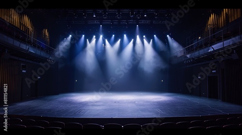 retro vintage interior theater stage with blue spotlights shine on rustic floor with smoke drifting around, background backdrop, Generative Ai