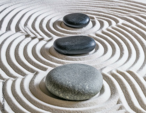 Traditional Japanese dry sand and stone zen garden. Closeup of patterns on white sand and round black ornamental pebbles. 