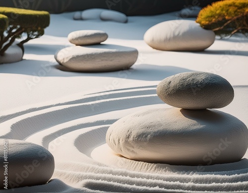 Close-up of a traditional Japanese dry sand and stone zen garden. 