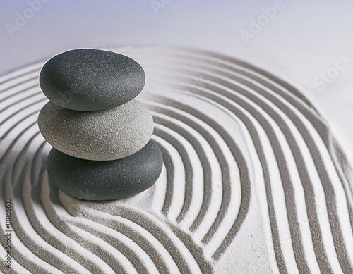 Traditional Japanese dry sand and stone zen garden. Closeup of patterns on white sand and round ornamental pebbles. 