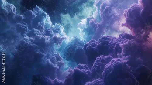 Design a captivating 3D scene of ethereal molecular clouds taking the shape of cosmic nebulae and specks of dust