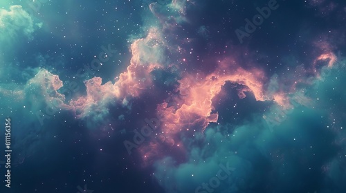 Design a captivating 3D scene of ethereal molecular clouds taking the shape of cosmic nebulae and specks of dust