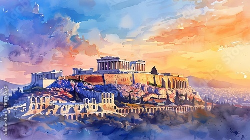 Illustrate the Acropolis at dawn with a watercolor technique