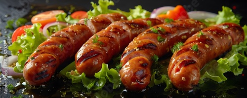 Scrumptious hotdog sausages, grilled to perfection and kept warm, served with fresh lettuce, ripe tomatoes, piquant onions, and spicy peppers to satisfy cravings