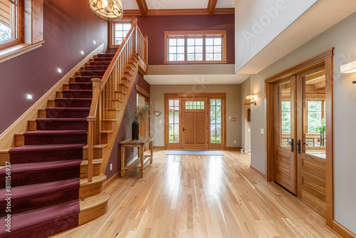 Modern entryway with a rich maroon staircase wide wooden front door and broad light hardwood floors reaching up to a vaulted ceiling Warm regal interior