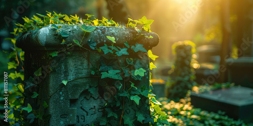 An abandoned old tombstone overgrown with greenery. Eternal memory, the need to remember, the importance of the past.