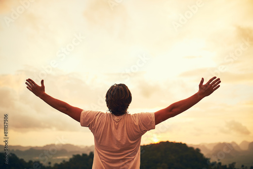 Person, mountain and arms for exercise celebration or challenge victory, fitness or forest. Athlete, hands up and back for cardio adventure or hiking goal with target or tourism, journey or freedom