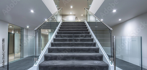 Modern mansion foyer with charcoal gray carpeted stairs featuring a glass banister and a minimalist design The area is brightly lit by a series of recessed ceiling lights
