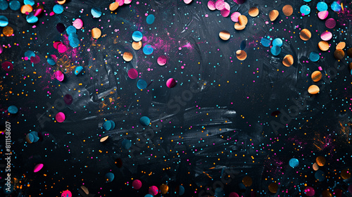 Multi-colored confetti specks on a moody charcoal background, creating a dramatic festive effect in ultra HD.