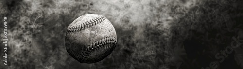 A black and white photo of a baseball with a smoky background.