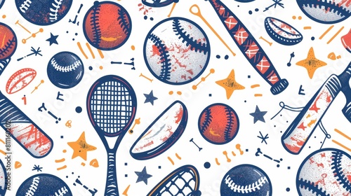 The image is a seamless pattern of various sports equipment, including baseballs, bats, tennis rackets, and hockey pucks