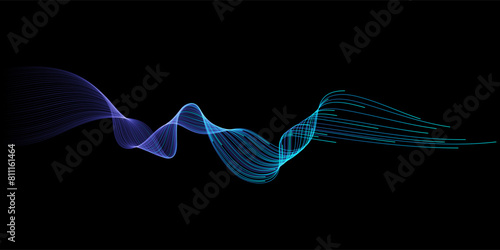 Vector abstract light lines wavy flowing dynamic in blue green colors isolated on black background for concept of AI technology, digital, communication, 5G, science, music