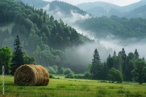 Amazing Landscape. Magnificent Mountain View with Fog and a Haystack in the Alps