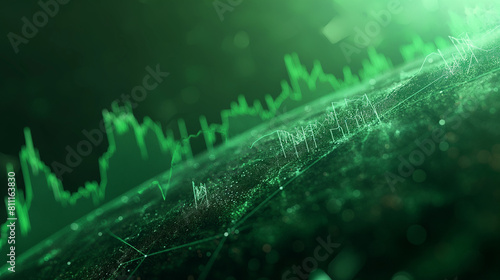 Stock market trading graph in green color as economy 3D illustration background. Trading trends and economic statistics.