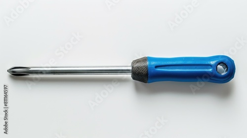 Screwdriver with Blue Handle on White Background Overhead View of Tool with Authentic Shadow Room for Text or Image